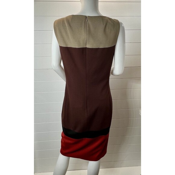 AKRIS PUNTO Sz US 8 Tan Maroon Red Sheath Dress Viscose Wool Blend Art To Wear - Picture 5 of 14